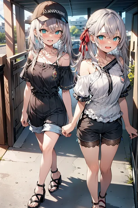 Alisa Mikhailovna Kujo,One Girl,Hair between the eyes, Aqua Eye, Gray Hair, Long Hair, ribbon, hair ribbon, Oversized one-shoulder shirt,Short sleeve,Shorts,Heeled Sandals,Baseball cap,walk,happy smile, smile, Open your mouth,whole bodyがイラストに入るように,Daytime...