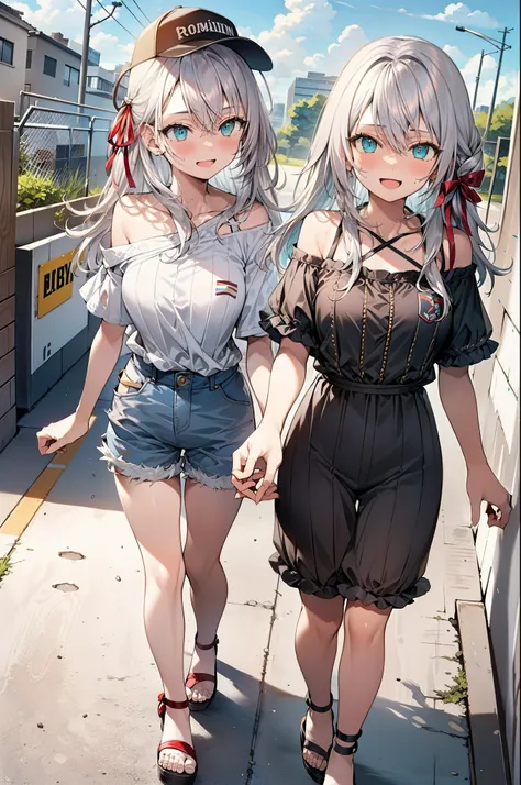 Alisa Mikhailovna Kujo,One Girl,Hair between the eyes, Aqua Eye, Gray Hair, Long Hair, ribbon, hair ribbon, Oversized one-shoulder shirt,Short sleeve,Shorts,Heeled Sandals,Baseball cap,walk,happy smile, smile, Open your mouth,whole bodyがイラストに入るように,Daytime...