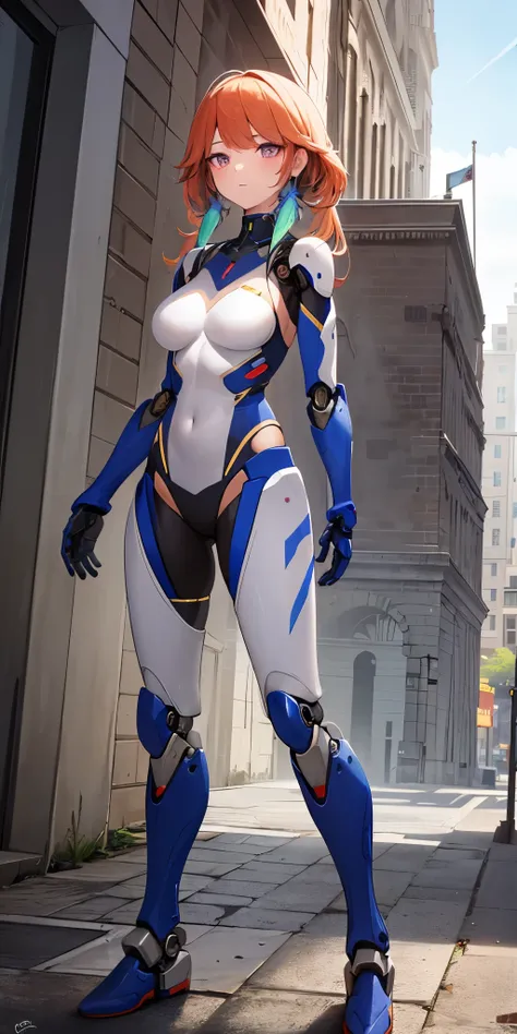 there is a woman in a robot suit posing next to an ancient building, beautiful white girl half cyborg, cute cyborg girl, beautif...