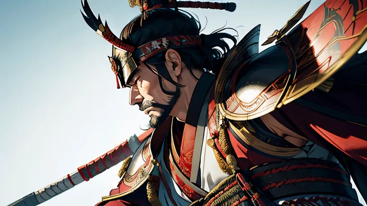 Takeda Shingen、Wearing intricately designed traditional samurai armor、Famous people in Japanese history、He has a stern look、Has an intimidating presence。