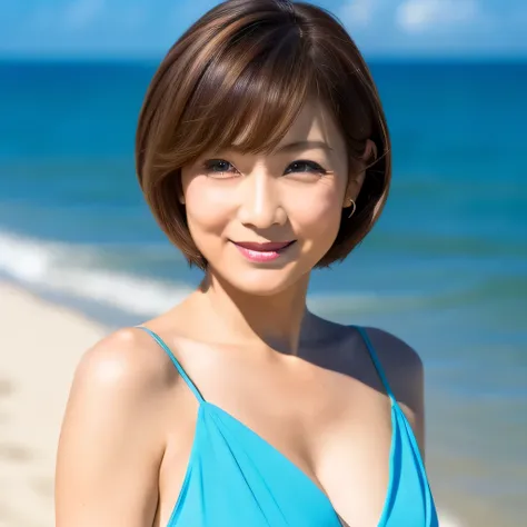 60 years old　Japan人woman　On the beach with the ocean in the background　Upper Body　60 years old　ふんわりしたshort hair 　明るいBrown Hair　Bob Hair　Brown Hair　Beautiful Hair　woman　Has bangs　まとまりのあるshort hair　Brown Hair　　Brown Hair　Beautiful hair, shiny hair　Japan 　sho...