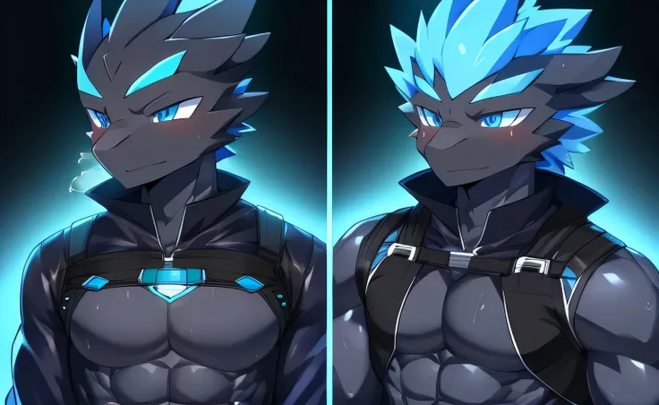 Thin macho　western black dragon　　abs　　　　　Hollow abs　　body suit　　thick arms　　　chest rig　　　、sweaty　　　skin glow　　profile　　Wearily　short of breath　　  　Chemo shota　　Thick chest have a 　blue eyes　Tired look　Glowing abs　Deep abdominals jacket　profile　one person