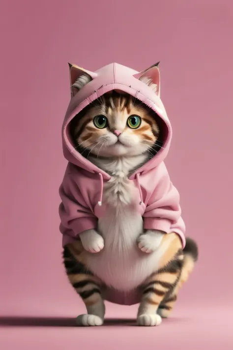 masterpiece,high quality,cute fat pink kitten,upright、on your stomach,view from the front、stand on two legs、clean background,wea...