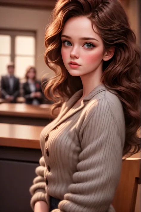 plano general, de toda la escena, cuerpo entero, a female lawyer in the courtroom, defending a woman in front of the jury, realistic portrait, high quality, cinematic lighting, dramatic pose, serious expression, detailed facial features, long dark hair, pr...