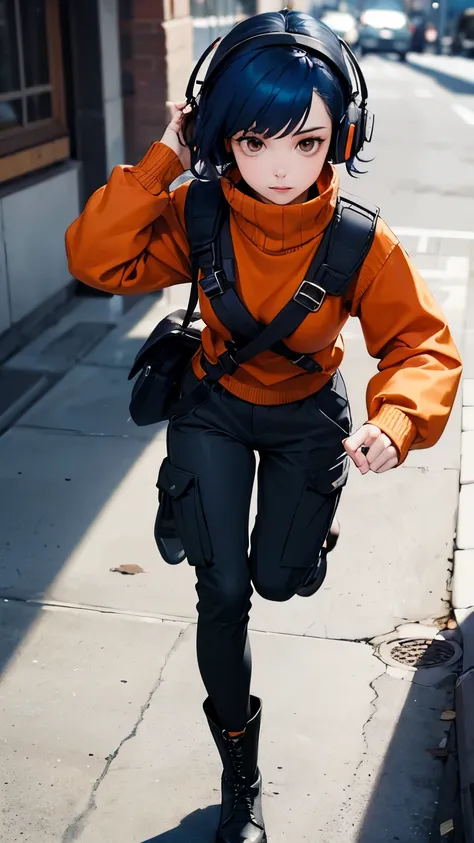 ((best qualityer)), full body young woman, wearing headphones and a loose dark orange woolen sweater with a high collar that covers the mouth, combat boots, cargo pants, a bulletproof vest on the chest area, Dark Blue Hair