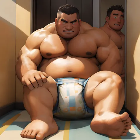 masterpiece, Top quality, in 32K, perfect anatomy, hyper detailed, super fine illustration, The thick man is a brutal prisoner, retarded, hairy, human, 50yo in japan, (fatness: 1.0), Fatty muscle, Bowleg, disappointment, incontinent, be diaper check by chi...