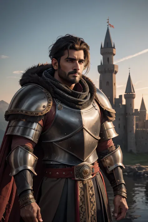 (8K, high definition, high quality, highly detailed) handsome desi knight. wearing a full plate armor. wearing a bear pelt shawl over his shoulders. black, gray, and red color palette. castle on the background. dawn.