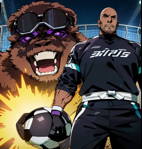 Soccer goalie with level 10  black aura, tall, (large mammoth background), bald headed no hair man, (dark brown skin), black and white soccer jersey, goalkeeper gloves, purple eyes, masculine features, muscular build, 