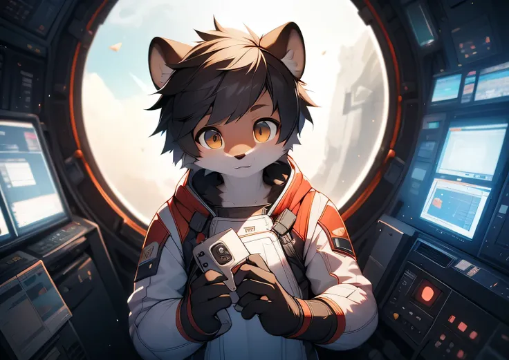 ((otter)), solo, nude, light brown fur, ((hazel eyes)), short hair, (black hair), light, astronaut suit, astronaut helmet, floating in space, moon, looking at viewer. Very good figure, best quality, highres, 16k, Natural soft light, Tyndall effect, Advance...