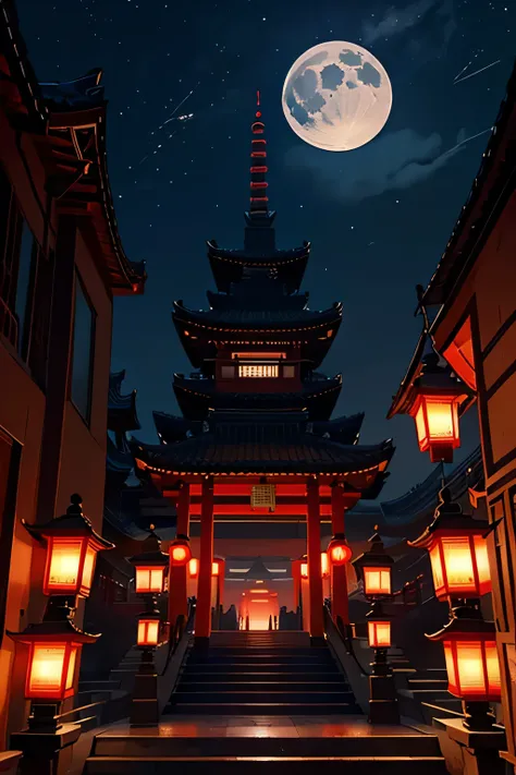 Six-story Chinese building, night, stone floor, long staircase, red railing, lanterns, mysterious, scary, night sky, moon, red arch bridge Devil flying in the sky