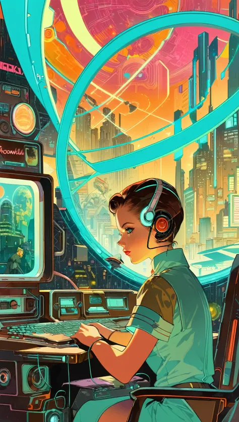 8k,wallpaper,a cyberpunk worldview depicted in the style of norman rockwell,neon,retro-future,vintage,graphic illustration,detai...