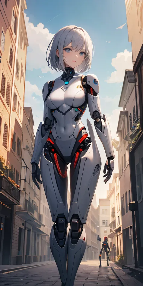 there is a woman in a robot suit posing next to an ancient building, beautiful white girl half cyborg, cute cyborg girl, beautif...