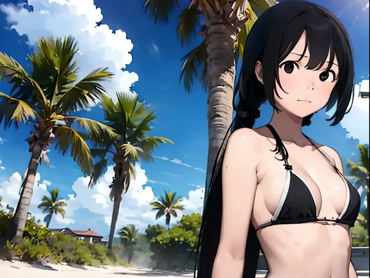 Black Hair、White Bikini Swimsuit、Palm Tree、beach、Spiteful eyes、、Black Hair、Blunt bangs、、 hatsune miku,1 girl, 2D CG, Advanced Digital Animation Art, Anime characters