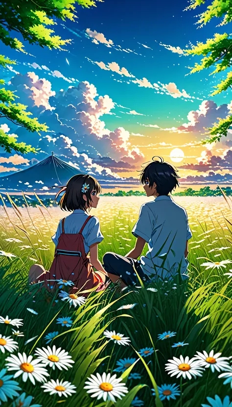 Anime landscape of a boy and girl sitting in a field with tall grass and daisy flowers watching a void with white clouds, colorful anime scene, a beautiful anime peace scene, Makoto Shinkai Cyril Rolando, a beautiful anime scene, a background of amazing sc...