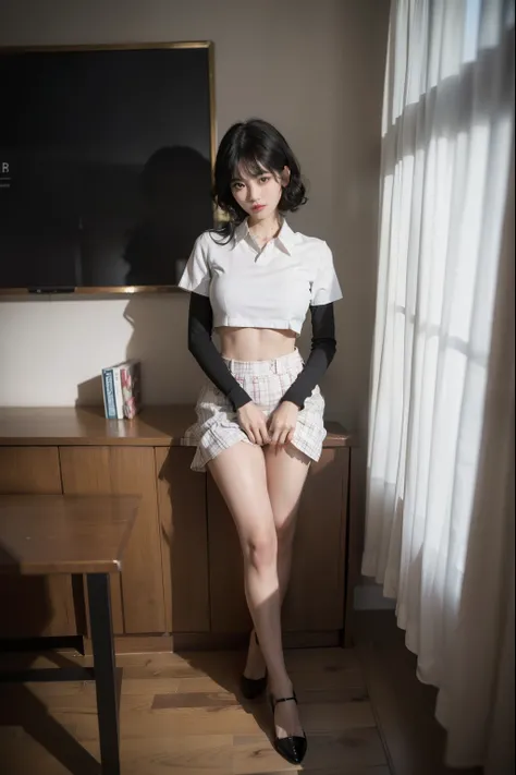 arafed asian woman in a tight white blouse and plaid miniskirt posing for a picture, photo of slim girl model, sultry body with sexy belly, 2 4 year old female model, ((huge breasts|tight white blouse)), ((miniskirt|plaid)),beautiful alluring teen, model w...