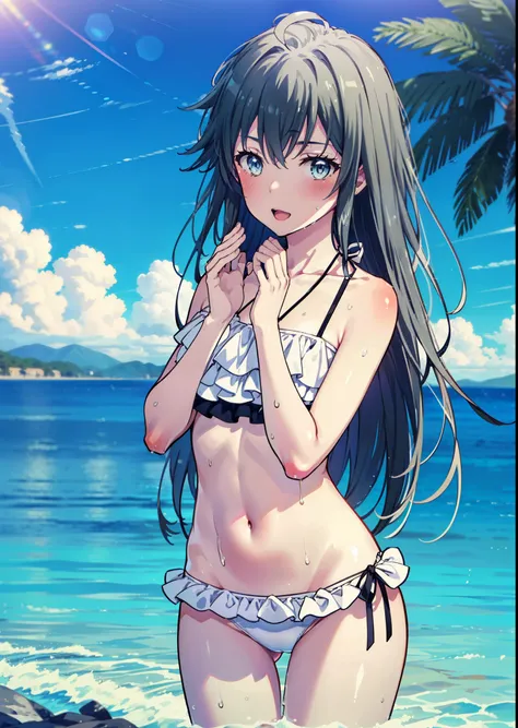 Yukino, yukino yukinoshita, Black Hair, blue eyes, Long Hair, Ahoge,White frilly bikini swimsuit,barefoot,Water Play,smile,blush,Open your mouth,Wet Hair,Wet Skin,Wet swimsuit,True Summer,Daytime,Clear skies,whole bodyがイラストに入るように,
break outdoors, Beach,
br...