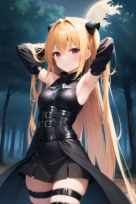 masterpiece, Best Quality, High resolution, aayami, very long hair, two sides up, hair ornament, bare shoulders, black dress, clothing trimming, separate sleeves, belt, thigh strap, Closed mouth, Alone, cowboy shot, night sky, forest, arms behind head, con...