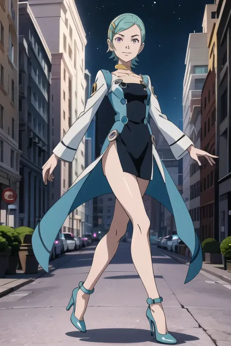 eureka, 1girl, purple eyes, short aqua hair, choker, hairclip, evening gown, warm smile, shiny black high heel stiletto pumps