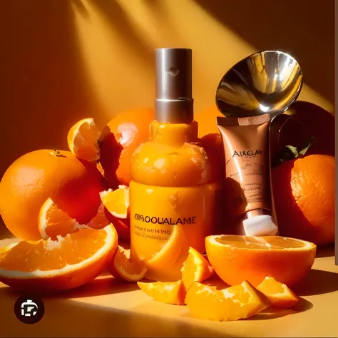 there is a bottle of liquid sitting next to oranges and a spoon, dramatic product photography, dramatic product shot, photoshoot for skincare brand, high quality product photography, commercial product photography, dramatic product lighting, professional p...