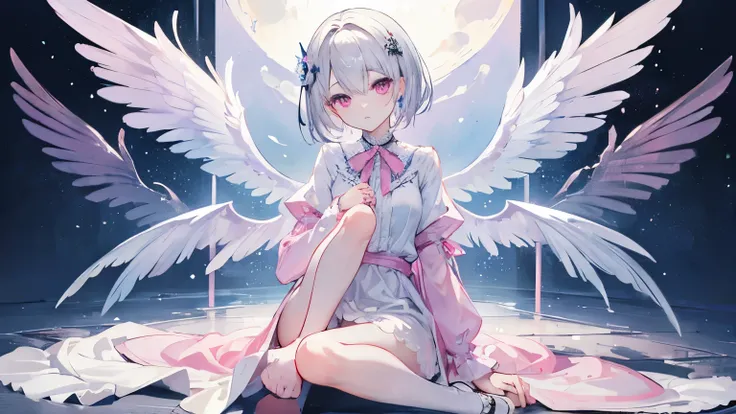 ((Highest quality)), ((masterpiece)), (detailed)、Silver Short Hair、Pink eyes、Transparent、Wearing a shirt dress、Panorama、Fleeting、Sitting with knees hugged、Looking at this、Wrapped in wings