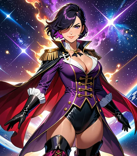 (masterpiece, best quality, high quality, highres:1.4), detailed, extremely detailed, ambient soft lighting, 4K, 1girl, (mature female), (short hair, black hair, hair over one eye:1.3), (purple eyes, confident smirk:1.2), medium breasts, (edgmousquetaire, ...