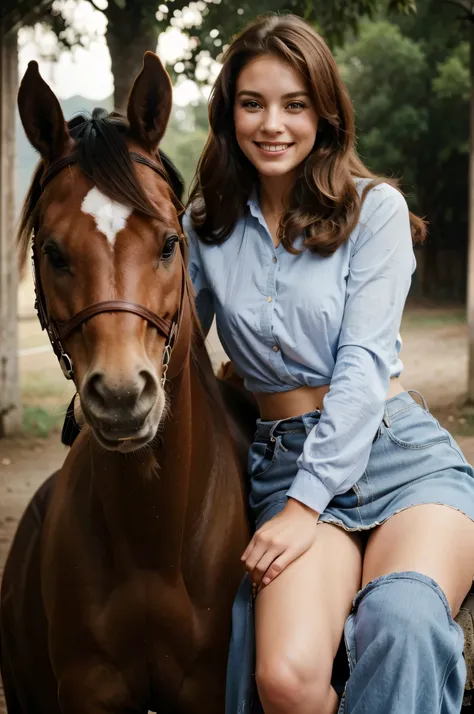 a girl in 1980s vintage dress, sitting on a horse, smiling, detailed face, beautiful eyes and lips, intricate clothing folds, dynamic pose, beautiful outdoor landscape, natural lighting, cinematic composition, vibrant colors, photorealistic, award winning ...