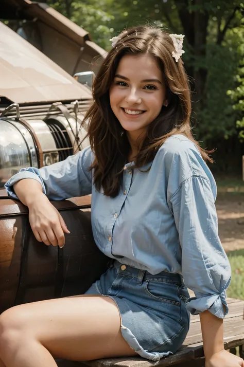 girl, 1980s vintage clothing, sitting with horse, smiling,ultra-detailed