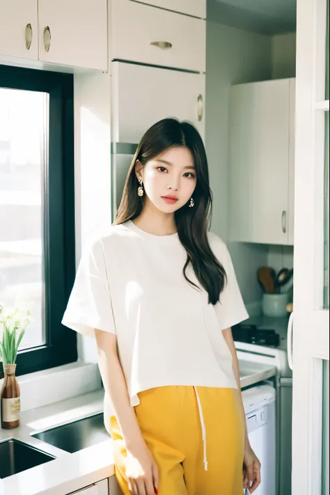 araffe woman standing in a kitchen next to a window, korean womens fashion model, bae suzy, beautiful south korean woman, korean girl, blackpink jennie, casual clothing style, gorgeous young korean woman, white trendy clothes, with apple, ulzzang, beautifu...