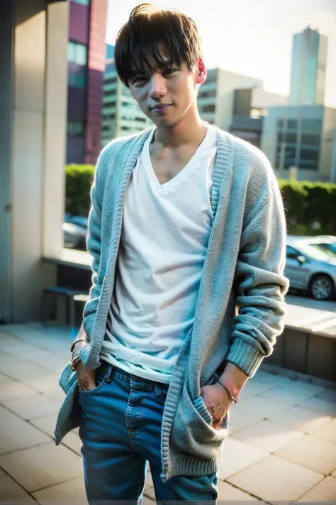 (Absurd, High resolution, Ultra-detailed, Hmph), Tabletop, Highest quality, One boy,Short fine hair, Detailed face, Dimples, amount, Tokyo,Cityscape, Laughter,Whole Body Ezbian, White cardigan,White hair and grey hair color,Black skinny pants,