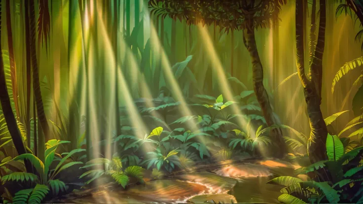 Jungle adventure, Dense jungle,Full of exotic plants and animals, Sunlight shines through the tree canopy,Creates a mottled effect. Tyndall effect, 4K, best quality