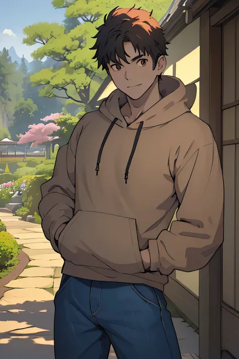 ((masterpiece)), ((best quality)), (ultra-detailed), (((((Garden of Japan house, Not in the shade, Landscape, cowboy shot, fullbodyesbian))))), (8k, ultra-detailed, 1boy, solo, 16 year old boy, worm eyes, Natural smile), Young boy, ((((Height: 168cm, 6.5 h...
