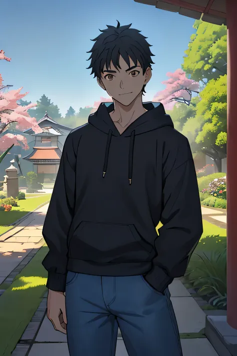 ((masterpiece)), ((best quality)), (ultra-detailed), (((((Garden of Japan house, Not in the shade, Landscape, cowboy shot, fullbodyesbian))))), (8k, ultra-detailed, 1boy, solo, 16 year old boy, worm eyes, Natural smile), Young boy, ((((Height: 168cm, 6.5 h...