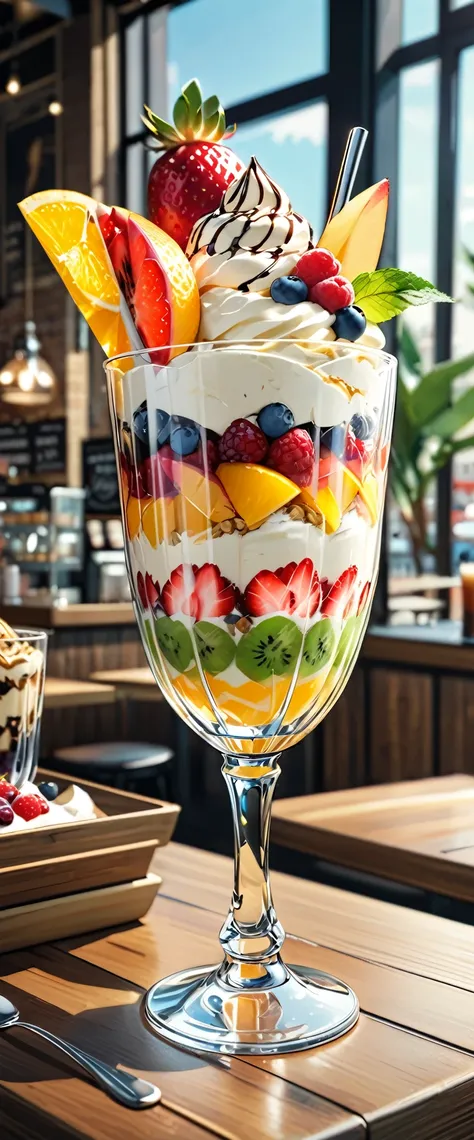 (masterpiece:1.2, Highest quality,Highest quality,Super detailed:1.2),(Very detailed),8k,(Photorealistic),(RAW Photos:1.2),A fruit parfait with lots of fruit is served in a clear, stylish glass on the table.,straw,The parfait is topped with ice cream,A sty...