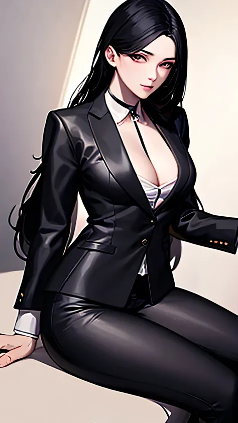 1 girl, 23 years old, long black hair, handsome face, cleeveless business suit, red tie,show cleavage, long black pants, black leather gloves, high quality, masterpiece