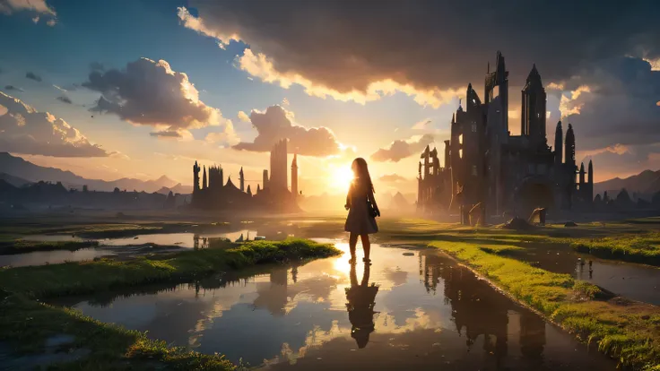 Ruined City、Being invaded by nature、puddle、A girl is standing with her back turned、Fantasy Landscape、Warm lighting、high resolution、Sun light、Cinema Lighting、Realistic、8k
