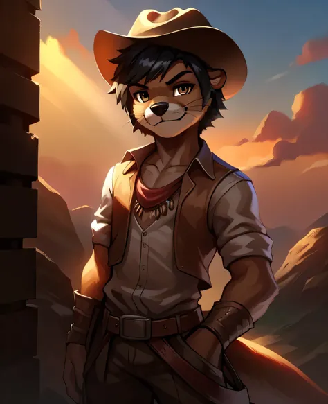 ((otter)), solo, male, light brown fur, ((hazel eyes)), short hair, (black hair), light, cowboy outfit, cowboy hat, standing, wild west, smirking, looking at viewer. Very good figure, best quality, highres, 16k, Natural soft light, Tyndall effect, Advanced...