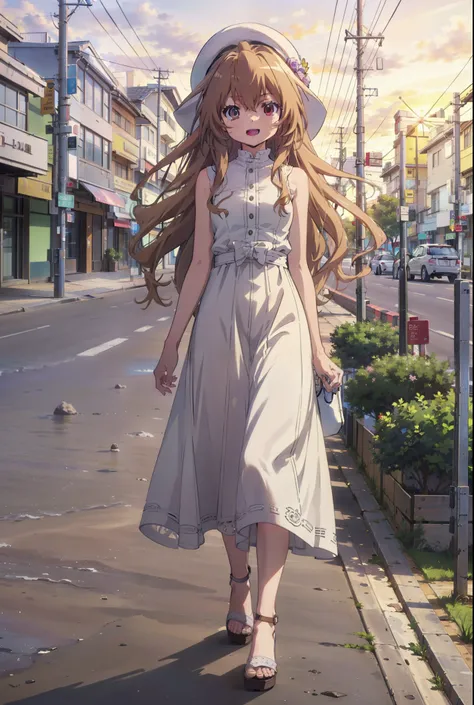 Aisaka Taiga, Aisaka Taiga, Long Hair, Brown Hair, Brown eyes,happy smile,smile, Open your mouth,White hat,White sleeveless dress,Long skirt,Heeled Sandals,evening,sunset,The sun is setting,whole bodyがイラストに入るように,Walking,　　　　　　　　　　　　  　　　　　break looking at ...