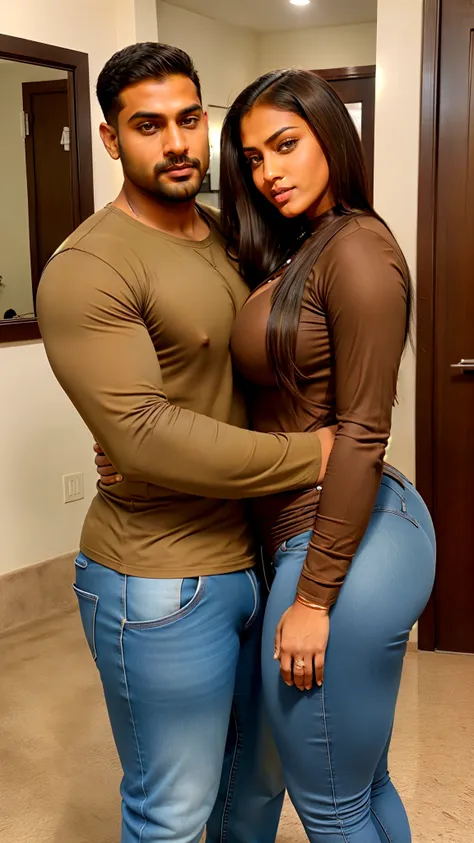 Sexy couple, brown indian tall man buzz cut hair, clean shave, muscular, brown indian tall chubby woman long hair, big breast, big nipples, big hip, big curvy ass, man wearing long-sleeve top and jeans, woman wearing salwar and leggings, front view, couple...