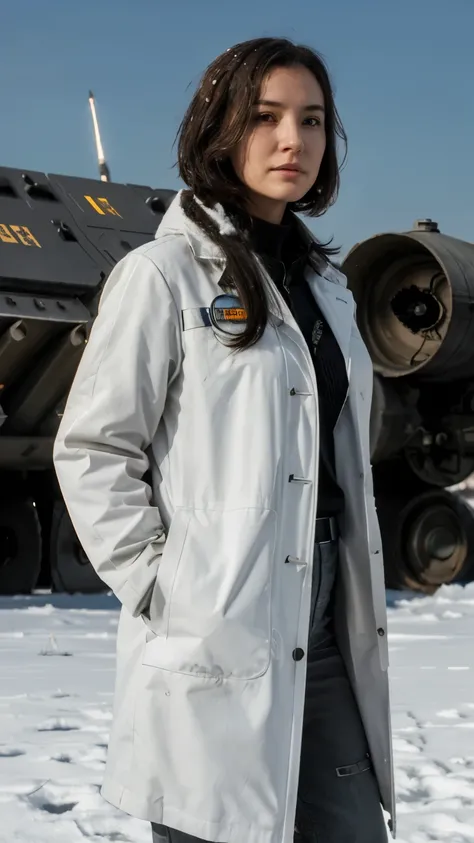 Science Fiction,Sci-Fi Movies,Artillery,Long-Range Missiles,Based on the Movie Foundation ,Woman,Adult,Protagonist,28 years old,hopeful face,brown eyes,short hairstyle,black hair with white gray,scientist uniform,white researcher coat,open meadow,rebel,cha...