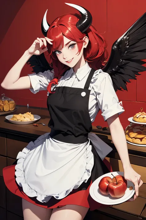 flat color,popart style,(best quality, masterpiece, ultra high-resolution, ultra-detailed: 1.2),
The devil girl is making apple pie in the Devils kitchen,cook cap, devils red horns,black wings,chefs apron,nihilistic smile,Apples,