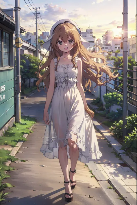 Aisaka Taiga, Aisaka Taiga, Long Hair, Brown Hair, Brown eyes,happy smile,smile, Open your mouth,White hat,White sleeveless dress,Long skirt,Heeled Sandals,evening,sunset,The sun is setting,whole bodyがイラストに入るように,Walking,　　　　　　　　　　　　  　　　　　break looking at ...