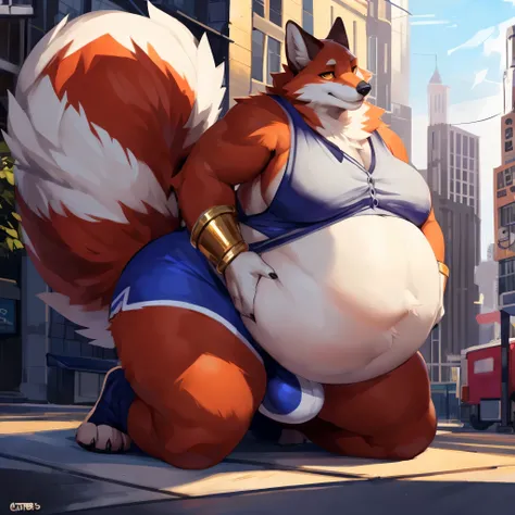 4k ultra quality, 4k full body view,ultra high detailed body,feral fox, white belly fur,big belly, (round belly), hyper belly, enormous belly, enormous body,by mystikfox61, by glitter trap boy, by bebebebebe,by morethreedee, by seibear,(thick thigh),(chubb...