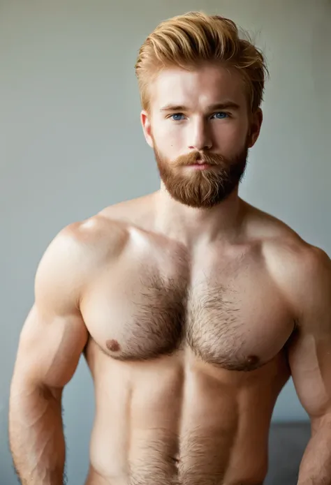 Man, 25 years old, full beard, strawberry blond hair, (hairy body: 1.8), (hairy chest: 1.5), sexy pose, masculine, sitting, handsome man, look to the camera, in a studio, detailed image, no shirt, ((with male underwear)), uhd, 16k, cinematic