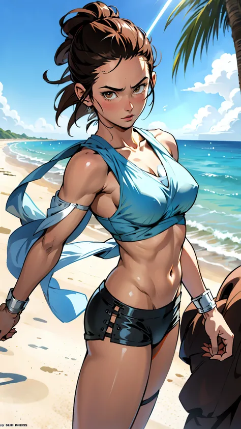 アニメ cel-shading (Rey Skywalker), brown eyes, hite bikini, blue lightsaber, on the beach in ((anime + manga + comics + cartoon) style) 