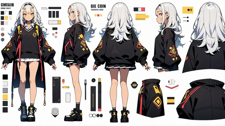 1 Solo girl, Anime illustration, Reference Sheet, turn around, girl, Anime Style, Character Design, 2D, Oversized black sweater and skirt, Black and gray, White skin,Very long hair,  Gray Hair, Yellow Eyes, White Background