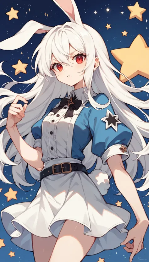 White-haired girl，Rabbit ears，Slim body，He has a pair of warm red eyes，Stars background，White skirt，Black belt，Alice