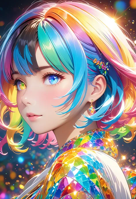 {{masterpiece}}, best quality, Extremely detailed CG unity 8k wallpaper, light, lens flare, eyes in beautiful detail, Black,  Side View,  Multi-colored hair, rich and colorful light, particle, Heterochromia, (rich and colorful:1.5), (rich and colorful hair...