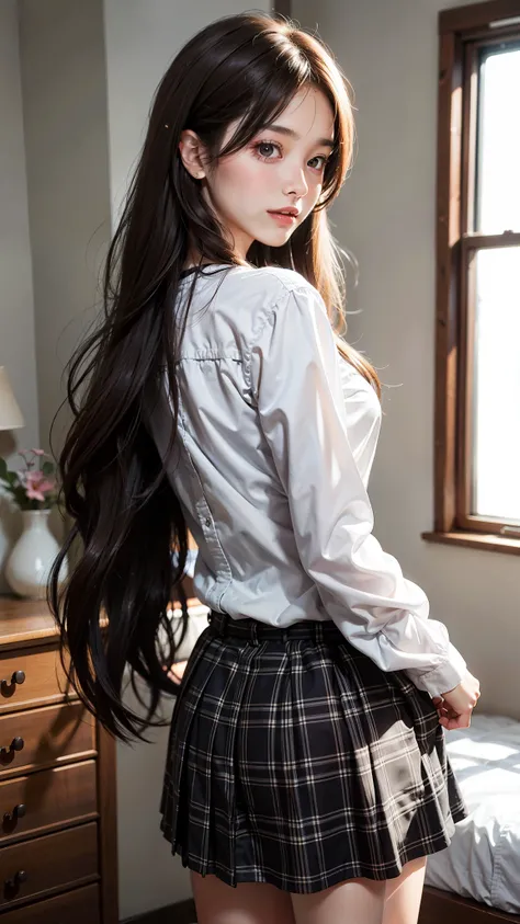 In a bedroom filled with natural light, a young woman stands confidently in a black top and plaid skirt. Her long brown hair cascades down her back as she holds a piece of clothing, her eyes sparkling with excitement.