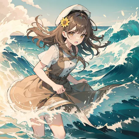 Young woman, fluffy brown dress, cap, feathers, flowers, Embankment, Sea background, big waves, storm, splashing, foam.
