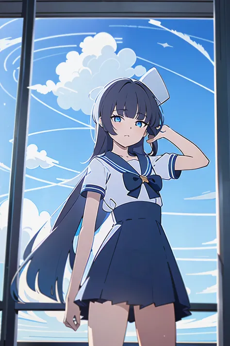 1girl, classroom, sailor suit, short sleeve, cumulonimbus, blue sky, buzzer, window, long hair, blunt bangs, masterpiece, from f...